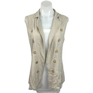 Sostiqs Womens Linen Beige Sleeveless Double Breasted Blazer Vest Jacket Sz M